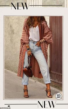 Digital Print Long Sleeve Cardigan Coat Cami And Jeans, Moda Kimono, Look Boho Chic, Mode Kimono, Mode Hippie, Mode Boho, Sleeve Cardigan, Mode Inspiration, Cardigan Coat