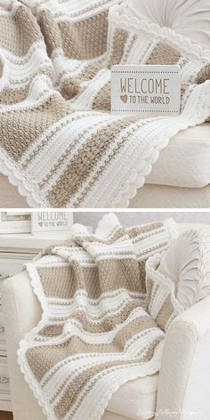 two pictures show the same blanket as they are being knitted in white and beige