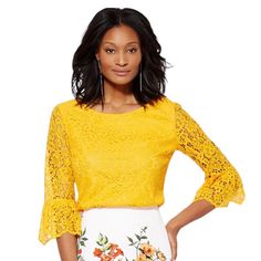 New York & Co 7th Ave Yellow Lace Bell-Sleeve Blouse Lace Overlay Infuses Our Elegant Blouse With Feminine Flair; The Dramatic Bell-Sleeve Silhouette Is Totally On Trend. Size: M (See Pictures Of Tag And Measurements) New With Tags Smoke Free Home Open To Reasonable Offers Once Ordered I Can Typically Ship The Item Same Day Or Next Boatneck Darts At Bustline Lace Overlay With Solid Underlay Keyhole At Back Neckline With Button Closure 3/4-Length Bell Sleeve. Fit & Sizing: Hits At Hip. Body: 60% Nylon, 20% Cotton, 20% Rayon. Lining: 100% Polyester. Spring Workwear Tops With Lace Sleeves, Spring Workwear Blouse With Lace Sleeves, Spring Tops With Lace Sleeves For Work, Summer Workwear Blouse With Lace Sleeves, Fitted Tops With Lace Sleeves For Work, Fitted Top With Lace Sleeves For Work, Lace Sleeve Tops For Work, Fitted Half Sleeve Tops For Day Out, Fall Brunch Tops With Half Sleeves