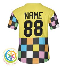 Get ready to knock it out of the park in our Funky Checkered Unisex Baseball Jersey! Bold, bright, and oh so funky, this jersey will elevate your team's style and guarantee a win. A must-have for any team looking to stand out and have fun on the field. We create funky & fun! Personalized with your Team's name, player's number and name! 100% Polyester material for men's baseball shirts Available sizes: S-4XL suitable for unisex wear Lightweight and soft fabric with short sleeves 5 Buttons closure Multicolor Crew Neck Sports T-shirt, Multicolor Crew Neck T-shirt For Sports, Sporty Multicolor Crew Neck T-shirt, Collegiate Streetwear Jersey With Sublimation Print, Sporty Multicolor Color Block T-shirt, Team-colored Jersey With Letter Print For Sportswear, Team-colored Sportswear Jersey With Letter Print, Sporty Multicolor Moisture-wicking T-shirt, Multicolor Sublimation Print T-shirt For Sports Events