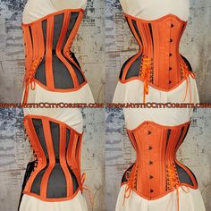 New LONG LINE UNDERBUST from "MystiC City Corsets" design: MCC-61 "ANTI-MUFFIN" Orange satin/black sport mesh ORIGINAL design/photo: "MystiC City Corsets" front length: 12" side length: 10-14" back length: 13.5" - fashion layer: polyester satin/polyester mesh - lining: 100% cotton twill steel boning  - 6 x 12mm wide "white" flat steel bones  - 20 x 6mm wide spiral steel bones - front black busk ( stiff)  - boned underbusk for extra stiff front support  - floating modesty panel: 5" wide ( boned) - waist tape - high quality 1/4" grommets Corset MCC-61 is recommended for waist training, perfect for more extreme 5-6-7" waist reduction- for experienced tightlacers only Needs longer "seasoning" waist can stretch a bit and sizes runs big for ex: size 22" is more close to 23" Halloween Overbust Fitted Corset Belt, Fitted Cosplay Corset With Boning, Fitted Corset With Boning For Cosplay, Fitted Boning Corset For Cosplay, Halloween Overbust Corset With Corset Back, Fitted Corset Belt For Halloween Costume, Halloween Overbust Corset, Halloween Costume Fitted Corset Belt, Fitted Costume Corset Belt With Boning