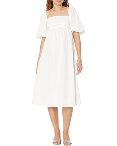 Women's MANGO Mikonos-H Dress A-line Dress With Pleated Sleeves For Brunch, Elegant Cotton Midi Dress With Gathered Neckline, White Puff Sleeve Dress With Gathered Neckline, White Puff Sleeve Dress With Gathered Neckline For Brunch, Chic White Puff Sleeve Dress With Gathered Neckline, Cotton Ruched Midi Dress For Brunch, Cotton Midi Dress With Gathered Neckline, Chic Knee-length Puff Sleeve Dress For Day Out, Brunch Midi Dress With Smocked Bodice And Straight Neckline