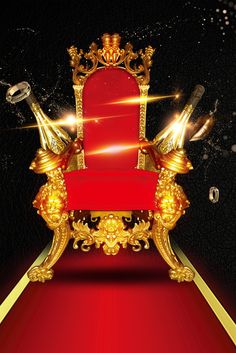 a red chair with gold trimmings is on a red carpet and black background