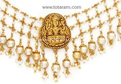 22 Karat Gold 'Lakshmi' Necklace with Pearls 
   - 235-GN2208 - in 44.350 Grams for USD $2407.63. 
Made in India by Totaram Jewelers Online this product is in Gold - 22 Karat BIS Hallmark 916 KDM Gold  & is an excellent gift for Adult - Women. Ships fully insured with secured guaranteed delivery for free with your order over $250 from New Jersey USA & comes with 30 days exchange policy. Festive 22k Gold Temple Necklace For Anniversary, Temple Jewelry Necklace For Anniversary And Festivals, Temple Necklace For Anniversary And Festivals, 22k Gold Temple Jewelry Bridal Necklace For Anniversary, 22k Gold Pearl Necklace For Diwali, Gold Temple Jewelry Style Pearl Necklace For Anniversary, Gold Temple Jewelry Pearl Necklace For Anniversary, Diwali 22k Gold Temple Jewelry Pearl Necklace, Gold Temple Necklace With Pearl Pendant