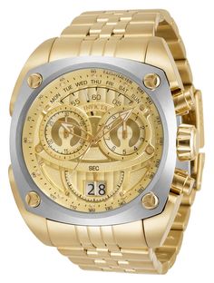 This Invicta watch from the Reserve collection holds a Quartz movement, and it features a sturdy gold case. On its face you can find a rose gold, gold metal dial covered by a durable Flame Fusion Crystal. This style is finished by a reliable gold stainless steel band, and it offers 100m water resistance.The exceptional taste and distinguished palette of the connoisseur will discover timeless pleasure within the Invicta Reserve collection. Specially developed for those in the know, Reserve is a r Gold Stainless Steel Watch With Skeleton Dial, Gold Stainless Steel Chronograph Watch With Skeleton Dial, Gold Luxury Chronograph Watch With Round Dial, Luxury Gold Chronograph Watch With Subdials, Luxury Gold Chronograph Watch With Round Dial, Luxury Gold Chronograph Watch, Gold Watches With Rectangular Metal Dial, Timeless Gold Chronograph Watch With Subdials, Formal Gold Chronograph Watch With Metal Dial