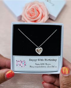 A gorgeous delicate Sterling Silver necklace, for the 60th birthday, 45cm chain with a choice of pendants, all made from Sterling silver with Cubic Zirconia crystals (dependant on selection). Choose from 6 necklace styles, please see individual photos, this is a personalised gift you can write your own message and comes boxed in our signature white Pink Strawberry box. A lovely gift for that special birthday.  If you would like a gift message sent with your gift please add at the checkout and me White Heart Pendant Necklace For Birthday, Birthday Gift Necklace In Sterling Silver, Classic Necklace For Birthday On Valentine's Day, Classic Necklace For Valentine's Day Birthday, Classic Necklaces For Anniversary And Mother's Day, Classic Necklaces For Mother's Day Anniversary, Silver Necklaces For Anniversary Gift, Silver Necklace For Party Or Gift, Silver Necklace Party Gift