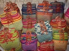 many baskets are stacked on top of each other