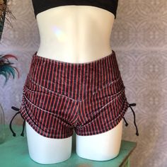 New!! Beautiful Red & Black Stripe Velvet Cinch Shorts. The Shorts Have Cinches At The Sides For An Adjustable Fit. Made By: Warrior Within Designs - Made In San Francisco, Ca Fitted Sports Shorts With Drawstring, Fitted Tie-side Workout Bottoms, Red Short Length Bottoms For Festival, Fitted High Waist Drawstring Shorts, Sporty Fitted Shorts With Tie-side Bottom, Casual Adjustable Short Bottoms, Casual Adjustable Shorts, Casual Adjustable Bottoms With Drawstring, Casual Adjustable Drawstring Bottoms