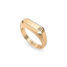 This ring is an edgy masterpiece. The design is inspired by clean lines and smooth metal surfaces that have been precisely sculpted, and a sparkling 1.5mm lab-grown diamond set on a tall octagonal platform adds the finishing touch to this unisex ring. | Metal: Gold Color: 18K Gold Vermeil (Not to be confused with regular gold plating, our vermeil is a thick layer of 18k solid gold on sterling silver meaning it will last longer. You get the look & feel of gold jewelry at a fraction of the price) Luxury White Gold Signet Ring With Single Diamond, Modern Diamond Rings With Polished Finish, Modern Diamond Signet Ring With Open Design, Modern White Gold Signet Ring With Brilliant Cut, Modern Signet Ring With Single Diamond In Open Style, Modern Diamond Signet Ring As Gift, Modern Open Signet Ring With Single Diamond, Modern Diamond White Signet Ring As Gift, Minimalist Diamond Signet Ring With Polished Finish