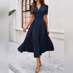 New Classic Flowy Textured Stripe Midi Dress * Puffed Short Sleeve * V Neck * Ruched High Waist * Flared Midi Skirt * Back Zip *Approximate Unstretched Measurements* Small (4) *Bust 36.5" *Waist 28.5" * Sleeve Length 9.75" * Length 50.25" Medium (6) *Bust 38.25" *Waist 30.25"* Sleeve Length 10" * Length 50.75" Large (8/10) *Bust 40.5" *Waist 32.5" * Sleeve Length 10.25" * Length 51.25" Xl (12) *Bust 43" *Waist 35" * Sleeve Length 10.5" * Length 51.5" Xxl (14) *Bust 45.25" *Waist 37.25" * Sleeve High Neck Blue Dress, Navy Semi Formal Dresses, Ruched Puff Sleeve Dress For Work, Elegant Solid Color Puff Sleeve Dress For Brunch, Fitted Midi Dress With Puff Sleeves And Pleated Waist, Ruched A-line Puff Sleeve Dress, Chic Puff Sleeve Dress With Pleated Waist, Blue Fitted Ruched Puff Sleeve Dress, Blue Knee-length Midi Dress With Pleated Sleeves