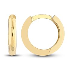 Versatile 11.5mm round tubes are polished to a high shine in these classic women's huggie earrings. Fashioned in 14K yellow gold, the earrings secure in place with hinged backs. Classic Yellow Gold Tarnish Resistant Huggie Earrings, Classic Yellow Gold Tarnish-resistant Huggie Earrings, Classic Huggie Hoop Earrings For Formal Occasions, Gold Round Cut Huggie Earrings, Formal Huggie Earrings, Classic Round Huggie Earrings Tarnish Resistant, Gold Round Cut Huggie Earrings In Fine Jewelry Style, Gold Round Cut Huggie Earrings Fine Jewelry, Classic 14k Yellow Gold Huggie Earrings