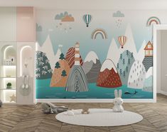 a child's room decorated in pastel colors with mountains and clouds painted on the wall