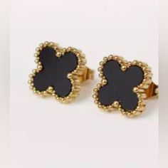 New Black Clover Stud Earrings Four-Leaf Clover Stainless Steel 14k Gold Plating Studs Size Is Shown On Pic Two As Example Of Sizing Only Only One Pair Of Black Earrings Will Be Sent. Matching Necklace And Bracelet Both Available In Closet Sold Separately Or Can Bundle All 3 For A Great Deal Luxury Black Earrings For Gift, Black Elegant Earrings For Anniversary, Elegant Black Earrings For Anniversary, Luxury Black Jewelry, Elegant Black 14k Gold Jewelry, Luxury Black Pierced Earrings, Black 14k Gold Earrings For Evening, Elegant Black Tarnish-resistant Earrings, Black Tarnish Resistant Earrings For Gift