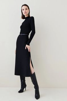 Hotfix Embellished Detailed Knit Mini Dress | Karen Millen Black Midi Dress Boots, Black Rib Knit Dress Outfit, Black Work Dress Outfit, Dress Belt Outfit, Dramatic Wardrobe, Minimal Clothing, Ladies Clothes Fashion, Lace Sleeve Top, Fashion Themes