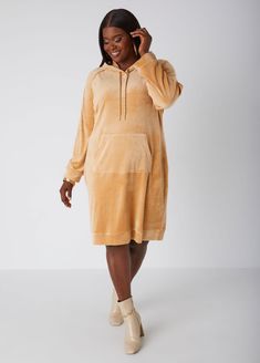 Get your sporty-chic look on with this stretch-velour dress. The drawstring hoodie and front patch pocket offer casual vibes while Lurex�  threading provides a kiss of glam. Loungewear Hoodie Sweatshirt Dress With Drawstring, Hoodie Dress Plus Size, Hooded Sweatshirt Dress With Drawstring Hood, Plus Size Oversized Sweater Dress, Plus Size Velvet Tracksuit, Casual Dress Plus Size, Plus Size Y2k, Plus Size Casual Dress, Casual Dresses Plus Size