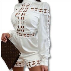 Long Sleeve Playsuit Lace Trim High Neck Regular Fit Approx Length Is 80cm 100% Polyester Machine Washable Mini Dress Lace, Terry Cloth Romper, Terry Romper, Long Sleeve Playsuit, White Playsuit, Women Jumpsuit, Lace Trim Shorts, Size 10 Models, Yellow Lace