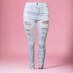 Women’s American Bazi High Rise Destroyed Color Skinny Pants-White 98% Cotton 2% Spandex Damaged/Destroyed Look 5 Pocket Design Lightweight/Stretchable Material Slim Fit **White American Bazi Jackets Available Trendy White Ripped Jeans, Trendy White Distressed Jeans, White High Rise Ripped Jeans, White Ripped Cotton Bottoms, White Ripped Denim Pants, White Mid-rise Ripped Jeans, White Ripped Jeans For Summer, White Distressed Mid-rise Bottoms, White High Waist Ripped Bottoms