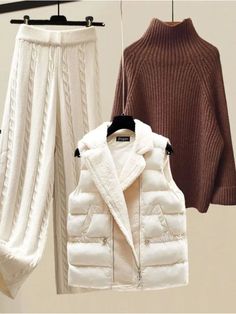 Knitted Sweater, Woolen Parka Vest, Wide-Leg Knitted Set – The Nichole Collection Womens Sweater Vest Outfit, Winter White Outfits For Women, Womens Sweater Vest, Everyday Outfits Winter, White Outfits For Women, Khaki Sweater, Sweater Vest Outfit, Parka Vest, Pull Rose