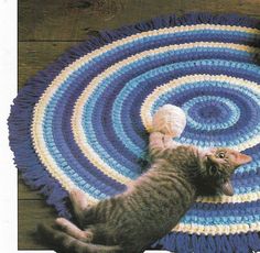 a cat laying on top of a blue and white rug next to a ball of yarn