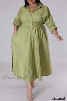 Olivia Mark - Plus Size Army Green Patchwork Shirt Dress with Casual Solid Design and Turndown Collar Jesenia Perez, Midi Dress Plus Size, Olive Dress, Maxi Skirt Outfits, Printed Wide Leg Pants, Cocktail Attire, Weave Style, Long Shirt Dress, Plus Size Maxi Dresses