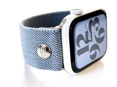 Elastic Apple Watch band - stretchy, comfortable and light! These are hand made and made to order by me in Northern California U.S. NEW Exclusive European Fabrics - Soft and durable! Light Blue Denim - perfect for a summer band Clean simple lines Hardware Free Stretch Elastic - this material is a little more structured and holds its shape beautifully and will not stretch out. Incredibly light and comfortable. Signature rivets will compliment your adapters. I'm proud of this simple design because Trendy Adjustable Blue Apple Watch Band, Trendy Blue Apple Watch Band With Bracelet Strap, Adjustable White Apple Watch Band For Everyday, Casual Adjustable Watch Bands As Gift, Casual Watch Bands Suitable For Gifts, Casual Apple Watch Band Bracelet Strap As Gift, Casual Apple Watch Band With Bracelet Strap, Casual Apple Watch Band With Bracelet Strap As Gift, Casual Apple Watch Band Bracelet For Gift