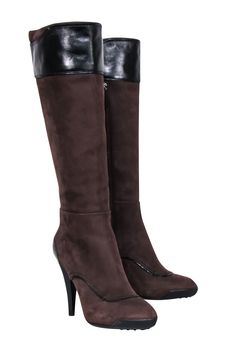 Keep your feet warm and looking cute with these Tod's tall boots! The perfect mix of brown suede and black leather detailing make a stylish combination sure to turn heads. Get ready for cold weather in chic comfort! Size 9 (EU 39) 100% Leather Inner leg zipper closure Black leather trim detail Minor blemish on suede Heel height 4.5" Shaft 16" Circumference 15" Wide Calf Suede Heeled Boots For Winter, Winter Suede Boots With Reinforced Heel, High Ankle Winter Boots With Suede Lining, Winter Wide Calf Suede Boots, Wide Calf Suede Boots For Winter, Fall Leather Boots With Suede Overlays, Winter Suede Mid-calf Boots With Suede Lining, Knee-high Suede Lined Work Boots, Winter Mid-calf Suede Boots With Suede Lining