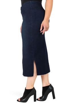 Product Image 2 Cotton Midi Pencil Skirt, Elegant High Rise Dark Wash Bottoms, Cotton Fitted Midi Pencil Skirt, Elegant High Rise Denim Bottoms, Casual Stretch Midi Length Bottoms, Casual Stretch Midi Bottoms, Elegant Cotton Denim Skirt For Spring, Chic Fitted Dark Wash Skirt, Midi Length Denim Skirt