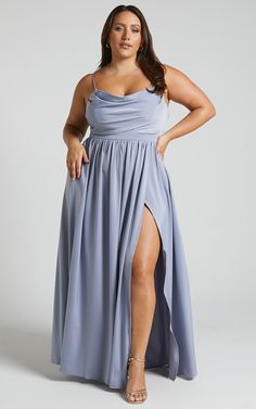 Gemalyn Maxi Dress - Cowl Neck Thigh Split Dress in Sky Blue | Showpo USA Blue Bridesmaid Dresses Plus Size, Split Dress Thigh, Basic Black Dress, Spring Maxi Dress, Bachelorette Dress, Neon Outfits, Cowl Neck Dress, Split Dress, Bridesmaid Dresses Plus Size