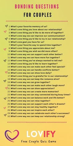 Bonding Questions for Couples Couple Questionares, Couples Bonding Ideas, Questions For Husband, Bonding Questions, One Real Person Is Enough, Couple Quiz Questions, Healthy Couples, School Bench, Things To Do With Your Boyfriend