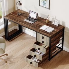 Roomy Workspace - This desk spans 55" x 19.69" and is 29.53" high, providing adequate space for your laptop and office essentials. Strong & Chic - Constructed from quality MDF and robust black steel, the desk is durable. Modern black handles enhance the sleek look. Ample Storage - The desk includes five smooth-sliding drawers and a movable drawer cabinet that can be placed on the left or right, maximizing storage. Steady & Stable - Adjustable foot pads on the desk's steel legs ensure a stable wo Black Desk With Wood Drawers, Wood And Metal Desk With Drawers, Rustic Home Offices, Theo Rustic Oak And White 2-shelf Wall-mount Ladder Writing Desk Table Small Computer Table Bookcase, Wood Office Desk, Sliding Drawers, Wood Office, Desk Wood, Marble Finish