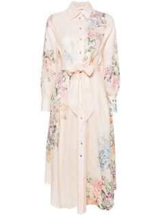 blush beige linen/flax floral print detachable waist belt classic collar front button fastening long sleeves with buttoned cuffs flared skirt curved hem mid-length Romantic Floral Print, Zimmermann Dress, Linen Shirt Dress, Water Consumption, Floral Shirt Dress, Floral Print Midi Dress, Pleated Midi Dress, Midi Shirt Dress, Floral Dresses