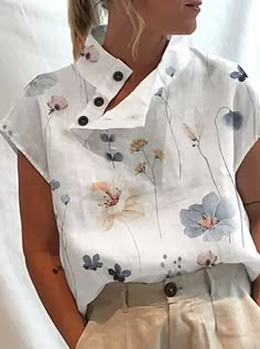 Dames Overhemd Blouse Coltrui Wit Bloemig Korte mouw Casual Feestdagen Basic Opstaande boord Normaal Katoen Bloemen Thema S 2023 - € 32.99