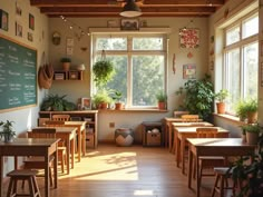 an empty classroom with desks and plants on the windowsill, in front of a chalkboard