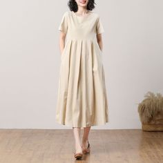 Summer Linen Dress for Women, Causal Midi Linen Dress, Plus Size Dress, Maternity Dress, Dress With Pockets, Custom Dress, Ylistyle C3283 - Etsy France Cotton Midi Dress With Relaxed Fit, Beige Linen Solid Color Dress, Spring Linen Cotton Dress In Solid Color, Flax Cotton Dress For Spring, Beige Cotton Linen Dress For Vacation, Beige Linen Dress With Relaxed Fit For Spring, Beige Linen Dress Solid Color, Beige Relaxed Fit Linen Dress For Spring, Spring Flax Cotton Dresses