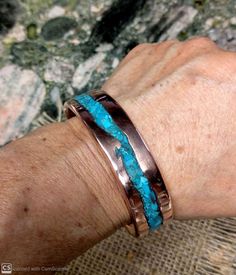 * Waved Turquoise Inlay Copper Cuff Bracelet. * King Man Turquoise Used. * Polished and Waxed. * Measure your Whole Wrist and Mark it on the Option. Turquoise Hand Wrapped Cuff Bracelet, Turquoise Wedding Rings, Turquoise Wedding, Kings Man, Copper Cuff Bracelet, Copper Cuff, Copper Rings, Granada, Wedding Ring Bands