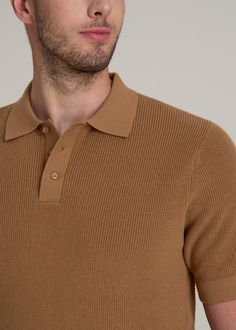 Purl Knit Polo for the Tall Man with Style Refined Relaxation Elevate your casual look with our Purl Knit Tall Men's Polo Shirt. This isn't just an extra-long polo shirt—it's a statement of sophistication made with the taller guy in mind. The modern fit and longer-than-hip length ensure a sleek silhouette without sacrificing comfort. Whether it’s for a smart-casual meeting or a weekend getaway, this men's tall polo shirt, with its ribbed hem and cuffs, ensures you stand out in the best way possi Casual Brown Cotton Polo Sweater, Classic Brown Sweater With Ribbed Collar, Classic Brown Polo Sweater With Ribbed Collar, Beige Knit Polo Sweater With Ribbed Collar, Casual Brown Knit Polo Sweater, Beige Textured Knit Polo Sweater, Casual Brown Knit Sweater, Casual Brown Polo Sweater, Casual Brown Tops With Ribbed Collar