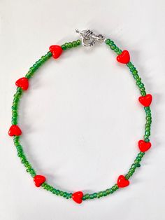 "The idea of \"Green Beaded with Red Heart Necklace\" came from the word \"Rose\".  It's simple but colorful. This necklace is good for daily wear, meeting friends, and parties. Material: glass beads, acrylic bead, Tibetan antique silver clasp Length: 15'' inches I hope you will like this necklace! Happy shopping :)" Spring Necklace, Red Heart Necklace, Necklace Love, Meeting Friends, Meet Friends, Necklace Heart, Summer Necklace, Valentines Necklace, Simple Necklace