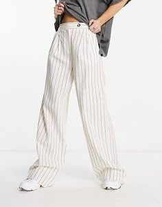 Bershka high waisted wide leg linen pants in ecru stripe | ASOS Wide Leg Linen Trousers, Social Media Trends, Spring Fits, Wide Leg Linen Pants, Printed Trousers, Fancy Pants, Linen Trousers, Apply Online, Printed Leggings