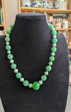 All beads are natural jadeite jade. Length of the necklace:46cm(18') Size of the bead: The biggest one is 1.7cm x 1.3cm The middle ones is 1.2cm dm each  The smallest ones is 0.85cm each Green Beaded Necklaces With 8mm Round Beads, Round Green Beaded Necklaces With 8mm Beads, Jade Gemstone Beads Necklaces, Green Gemstone Beaded Necklaces, Jade Beaded Necklaces With Faceted Beads, Green Gemstone Bead Necklaces, Green Beaded Emerald Necklace With Round Beads, Jade Beaded Necklace With Polished Beads, Green Vintage Jewelry With Gemstone Beads