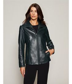 Investments Genuine Lamb Leather Long Sleeve Wing Collar Zip Front Jacket | Dillard's Classic Fitted Leather Jacket With Zipper Closure, Classic Fitted Leather Jacket With Zipper, Formal Fitted Leather Jacket With Zip Fly, Elegant Fitted Biker Jacket With Zip Fly, Elegant Long Sleeve Leather Jacket With Zipper, Fitted Leather Jacket With Zipper Closure, Fitted Leather Jacket With Zipper, Classic Leather Jacket With Zipper For Spring, Elegant Fall Outerwear With Zipper Closure