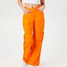 High Rise Utility Cargo Pants - Wide Leg - Flap Pockets - New, Never Worn, Just Took The Tags Off Before Trying On - Neon Orange - Size Xs Orange Full-length Bottoms With Pockets, Orange Full Length Bottoms With Pockets, Casual Full-length Orange Pants, Casual Orange Full Length Pants, Casual Full Length Orange Pants, Orange Cotton Bottoms With Pockets, Orange Straight Pants With Pockets, Orange Trousers With Pockets, Orange Full-length Pants With Pockets