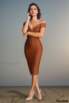 Olivia Mark - Elegant Coffee Sleeveless Bandage Dress - Fashionable Collar-neck Party Dress Sleeveless Bandage Dress For Formal Parties, Sleeveless Bandage Dress For Party Season, Sleeveless Bandage Dress For Formal Occasions, Sleeveless Bandage Bodycon Dress For Formal Occasions, Formal Sleeveless Bandage Dress, Elegant Fitted Brown Bodycon Dress, Elegant Brown Fitted Bodycon Dress, Elegant Brown Bodycon Dress For Night Out, Fitted Brown Midi Dress For Party