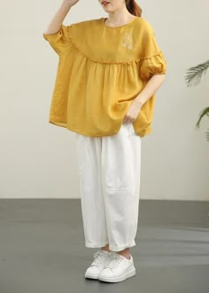 Organic Yellow Embroideried Cinched Cotton Shirt Summer - SooLinen Lawn Tops Design, Over Sized Shirts Outfit For Women, Oversized Embroidered Summer Blouse, Relaxed Fit Short Sleeve Smocked Blouse, Casual Yellow Smock Top, Relaxed Fit Short Sleeve Smock Blouse, Relaxed Fit Smock Top With Short Sleeves, Casual Smocked Short Sleeve Blouse, Casual Smock Short Sleeve Blouse