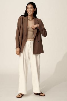 From business to casual, these styles are tailored to perfection . Get ready to suit up and let your wardrobe seam lessly transition from boardroom to brunch! | Oversized Blazer Jacket by Maeve in Brown, Women's, Size: XL, Polyester/Viscose/Elastane at Anthropologie Fashion Color Palette, Oversize Blazer Outfit, Brown Blazer Outfit, White Pants Outfit, Going Blonde, Color Trends Fashion, Tan Blazer, Brown Blazer, Brown Suits