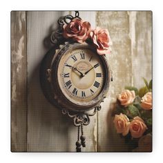 an old clock with roses on the side and a vase full of flowers behind it