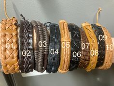 "Handmade leather bracelets, only 1 available each design. They are about 3/4\" wide, and adjustable they will fit a women's wrist or mans" Brown Hand-strung Spiritual Leather Bracelet, Custom Leather Belts, Mens Bracelets, Handmade Leather Bracelets, Men's Bracelets, Fairy Core, Leather Bracelets, Black Tan, Custom Leather