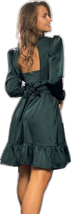 Holiday A-line Midi Dress For Night Out, Solid Color A-line Long Sleeve Party Dress, Green Satin Knee-length Dress, Green Knee-length Satin Dress, Winter A-line Midi Dress For Date Night, Chic Knee-length Dresses For Holidays, Chic Knee-length Holiday Dresses, Dressy Knee-length Holiday Dress, Holiday Midi Length Dresses