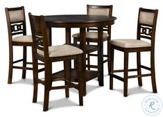 a dining table with four stools and a round wooden table set on white background