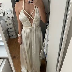 Cult Gaia Salee- Open Back Gown Silk, Size 10 But I’m A Size 4 & Fits Me - Very Adjustable / Loose So It Works On Most Sizes Similar. Tags On. Sadly Don’t Have An Event To Wear It. Original Price $1316.00 #Cultgaia #Zimmerman #Luxury #Silk #Gown Fitted Cream Backless Maxi Dress, White V-neck Maxi Dress For Gala, White Satin Summer Gown, White Backless Maxi Dress For Evening, White Silk V-neck Gown, White Satin Floor-length Dress, White Satin Backless Evening Dress, White V-neck Evening Gown, White Satin Floor-length Gown