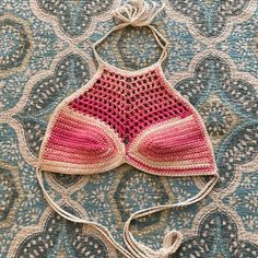 Pink And White Crochet Bikini/ Festival Top. Summer Crochet Lace Top Made Of Yarn, Fitted Crochet Trim Party Top, Fitted Crochet Trim Top For Party, White Crochet Top For Beach Season, Fitted Bohemian Crochet Top In Cotton Yarn, Fitted Bohemian Crochet Top In Cotton, Fitted Bohemian Crochet Cotton Top, Pink Crochet Crop Top For Vacation, Summer Handmade Crochet Top